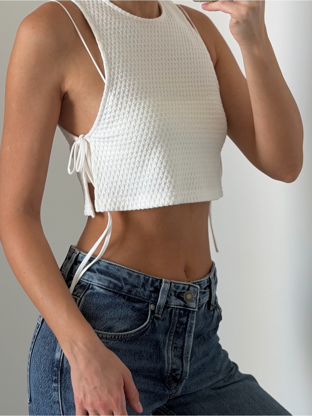 Zara White Textured Tie-Side Crop Top